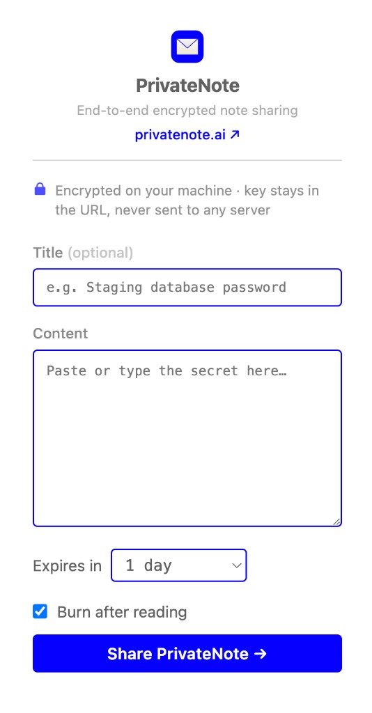 PrivateNote sidebar panel in VS Code or Cursor with title, content, expiry, and burn-after-reading options
